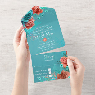 Invitation Tout En Un Mariage floral corail et sarcelle