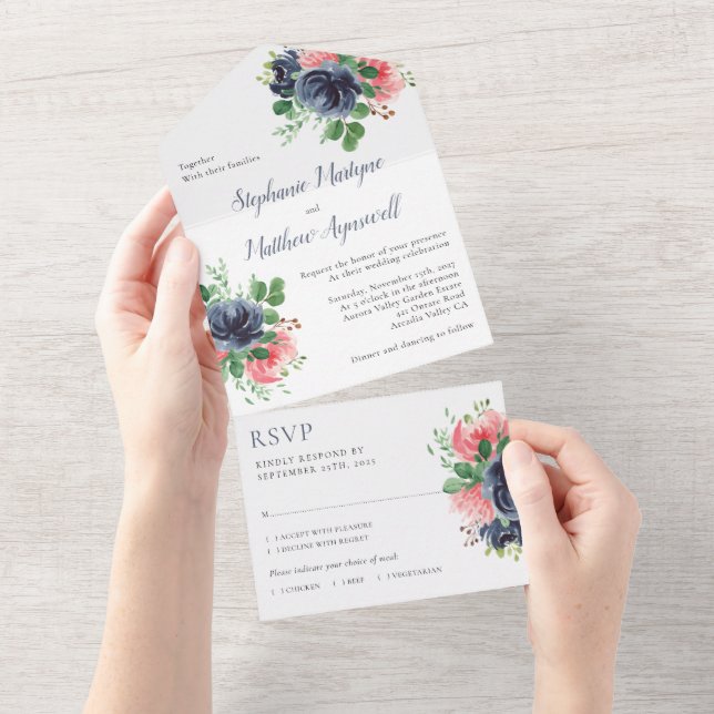 Invitation Tout En Un Mariage floral couleur rose marine (Déchirure)