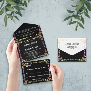 Invitation Tout En Un Mariage Floral De Frame De Neon Noir Et Blanc