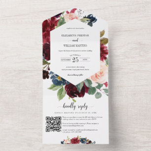 Invitation Tout En Un Mariage Floral de la Marine Rouge de Bourgogne ave