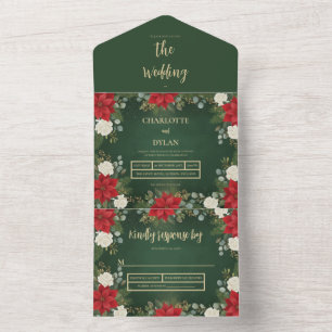 Invitation Tout En Un Mariage Floral de Noël en Velours Vert Hiver
