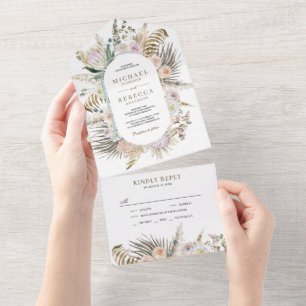 Invitation Tout En Un Mariage Floral de Palmier Tropical Séché d'Herbe d