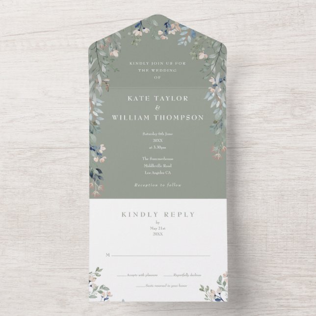 Invitation Tout En Un Mariage Floral de Sauge Verte (À l'intérieur)