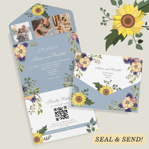 Invitation Tout En Un Mariage Floral de Tournesol Bleu Poussiéreux