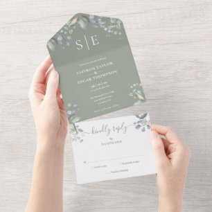 Invitation Tout En Un Mariage floral de verdure à monogramme vert sauge