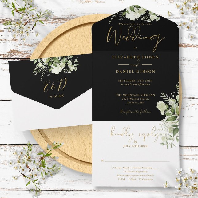 Invitation Tout En Un Mariage Floral De Verdure Noire Et Or (Black And Gold Greenery Floral Monogram Wedding All In One Invitation)