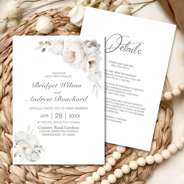 Invitation Tout en un Mariage Floral d'hiver blanc (Créateur téléchargé)