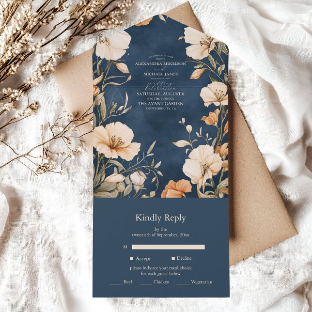 Invitation Tout En Un Mariage floral d'ivoire Elégant bleu marine (Créateur téléchargé)