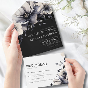 Invitation Tout En Un Mariage Floral Élégant Moderne Noir Blanc