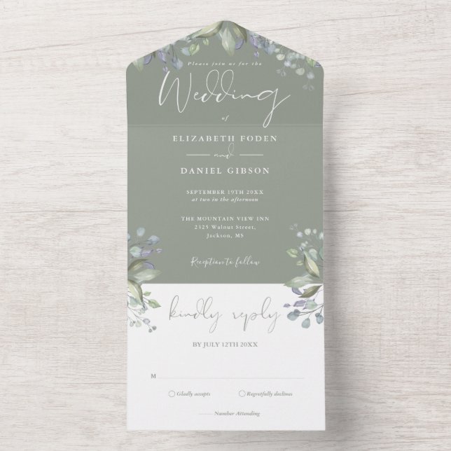 Invitation Tout En Un Mariage Floral Élégant Script Vert Sauge (À l'intérieur)