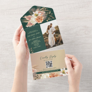 Invitation Tout En Un Mariage Floral Émeraude Vert Pêche