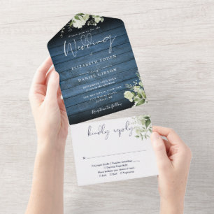 Invitation Tout En Un Mariage Floral en Bois Bleu Rustique