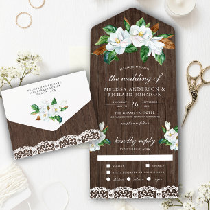 Invitation Tout En Un Mariage Floral en Bois de Grange Magnolia Blanc Ru