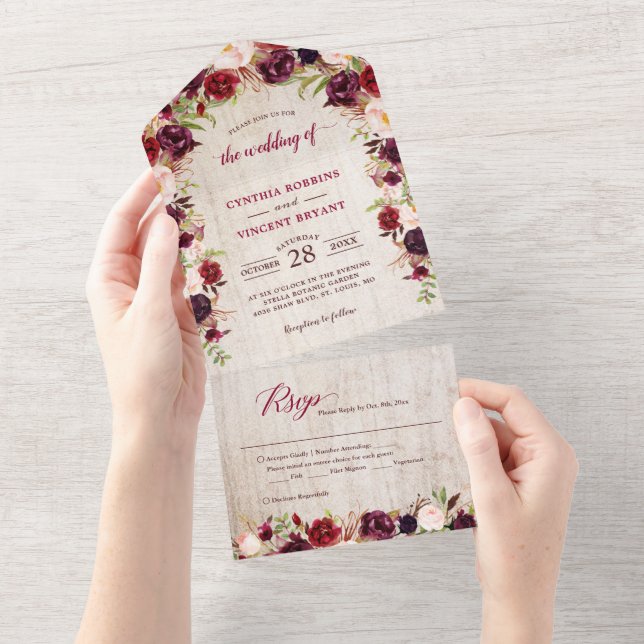 Invitation Tout En Un Mariage floral en bois rustique Marsala (Pas de VV (Déchirure)