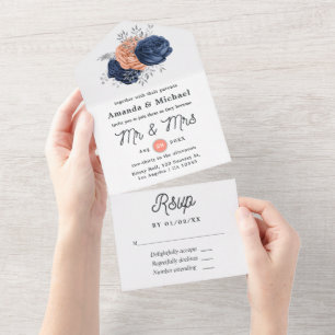 Invitation Tout En Un Mariage floral en corail, marine et argent
