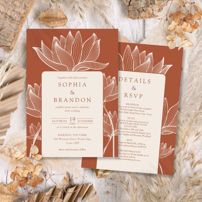 Invitation Tout en un Mariage Floral en terre cuite moderne (All In One Modern Floral Terracotta Wedding Invitation)