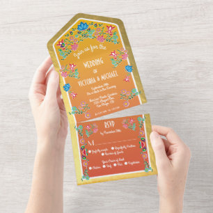 Invitation Tout En Un Mariage Floral Fiesta Faux Gold Foil mexicain