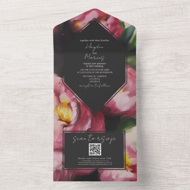 Invitation Tout En Un Mariage floral foncé spectaculaire botanique RSVP  (À l'intérieur)