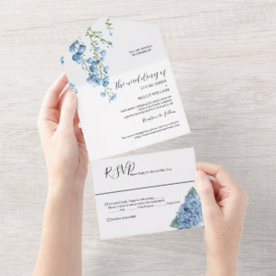 Invitation Tout En Un Mariage Floral Français Bleu Moderne