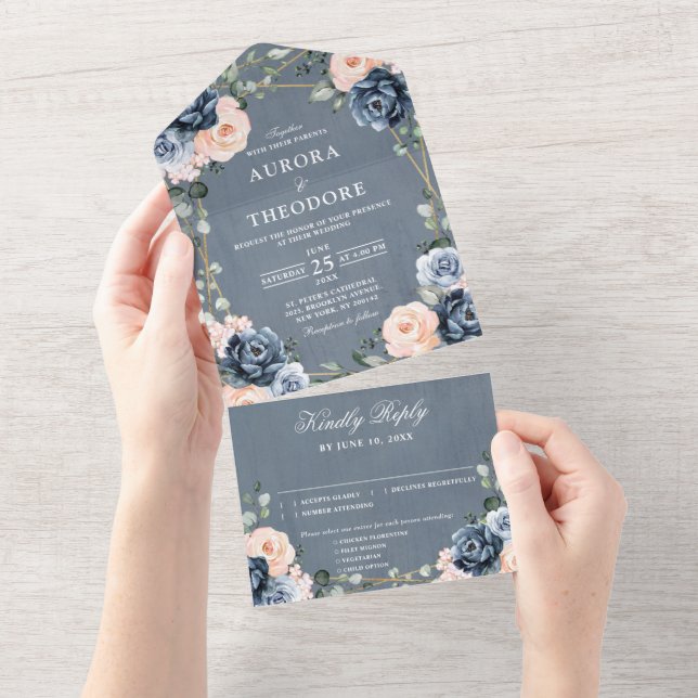 Invitation Tout En Un Mariage floral géométrique bleu foncé (Déchirure)