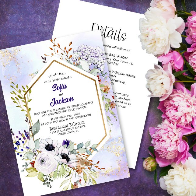Invitation Tout en un Mariage Floral Géométrique violet Or (Créateur téléchargé)