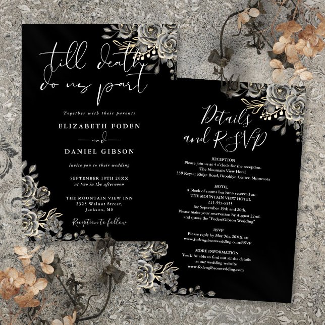 Invitation Tout En Un Mariage Floral Gothique Noir Et Blanc (All In One Black And White Gothic Floral Wedding Invitation)