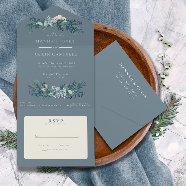 Invitation Tout En Un Mariage floral gris bleu foncé hiver (Créateur téléchargé)