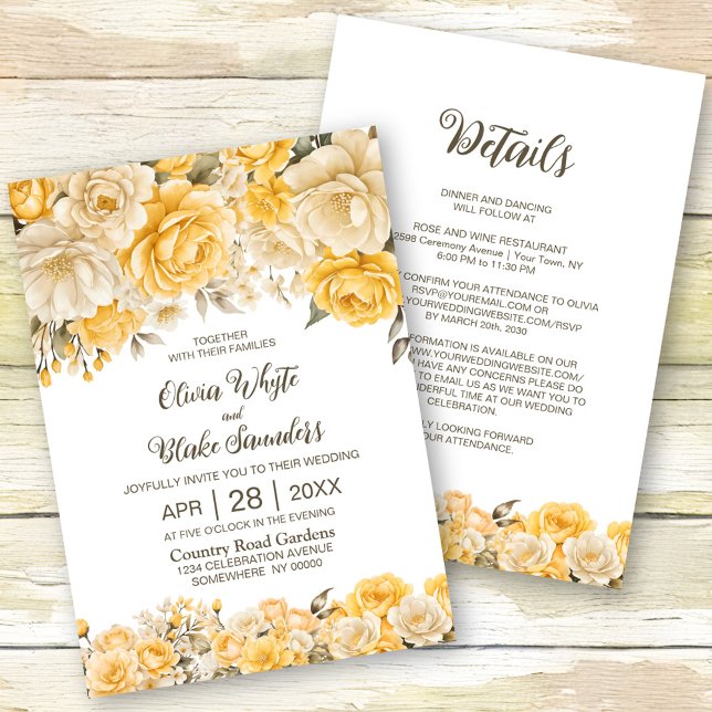 Invitation Tout en un Mariage Floral Jaune Rustique (Créateur téléchargé)