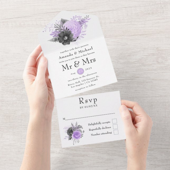 Invitation Tout En Un Mariage floral Lilac et Charcoal (Déchirure)