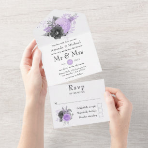 Invitation Tout En Un Mariage floral Lilac et Charcoal