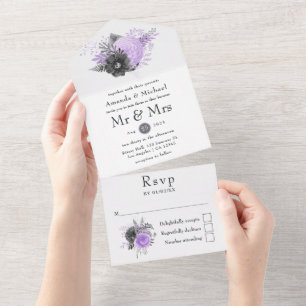 Invitation Tout En Un Mariage floral Lilac et Charcoal