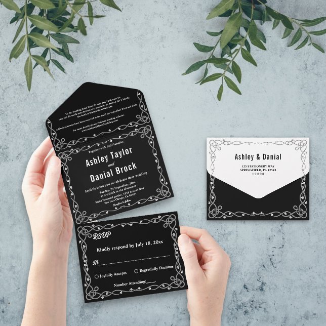 Invitation Tout En Un Mariage Floral Moderne Noir Et Blanc Minimal Chic (Créateur téléchargé)