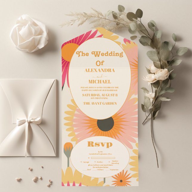 Invitation Tout En Un Mariage floral moderne rose et jaune rétro (Créateur téléchargé)