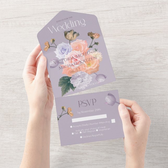 Invitation Tout En Un Mariage Floral Moderne Rose Pâle Violet (Déchirure)
