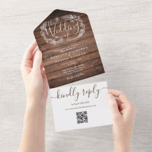 Invitation Tout En Un Mariage Floral Monogramme Code QR Bois Rustique