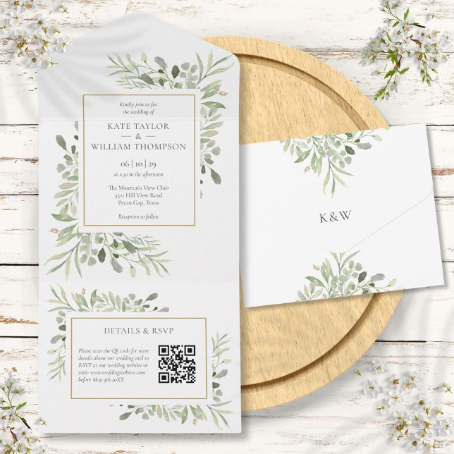Invitation Tout En Un Mariage Floral Monogramme Code QR de Verdure (Greenery Floral QR Code Monogram Wedding All In One Invitation)