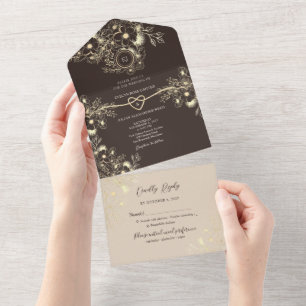 Invitation Tout En Un Mariage Floral Monogramme Or Brun Chocolat