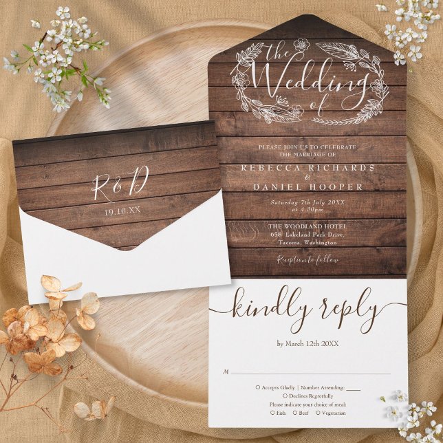 Invitation Tout En Un Mariage Floral Monogramme Script Bois Rustique (Rustic Wood Script Monogram Floral Wedding All In One Invitation)
