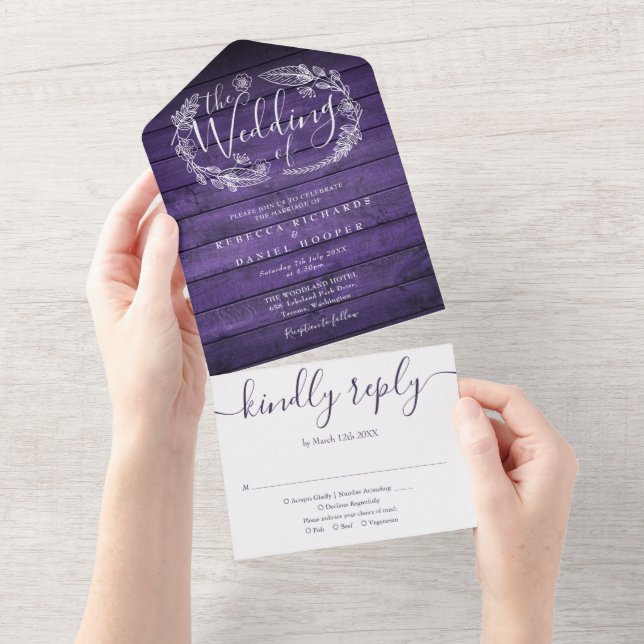 Invitation Tout En Un Mariage Floral Monogramme Script Bois Rustique Vio (Déchirure)