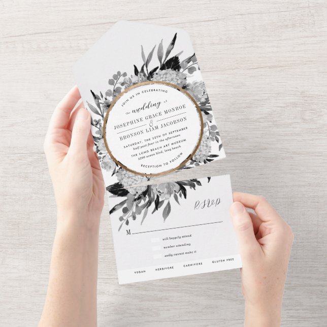 Invitation Tout En Un Mariage floral noir et blanc (Déchirure)