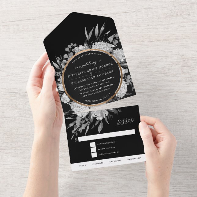 Invitation Tout En Un Mariage floral noir et blanc (Déchirure)