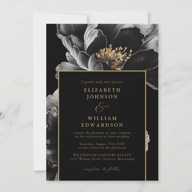 Invitation Tout En Un Mariage Floral Noir Et Or Élégant (Devant)