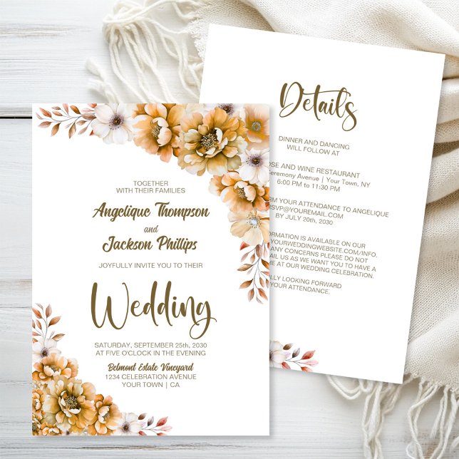 Invitation Tout en un Mariage Floral Orange (Créateur téléchargé)