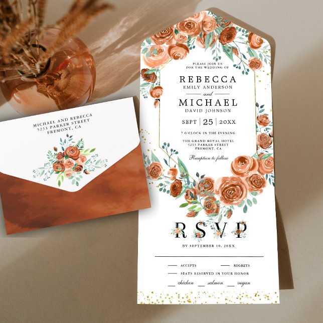 Invitation Tout En Un Mariage Floral Orange Brûlé Terre Moderne (Créateur téléchargé)