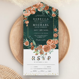 Invitation Tout En Un Mariage Floral Orange Brûlé Terreux Émeraude Vert
