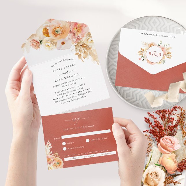 Invitation Tout En Un Mariage floral orange de brindilles chic avec RSVP (Créateur téléchargé)