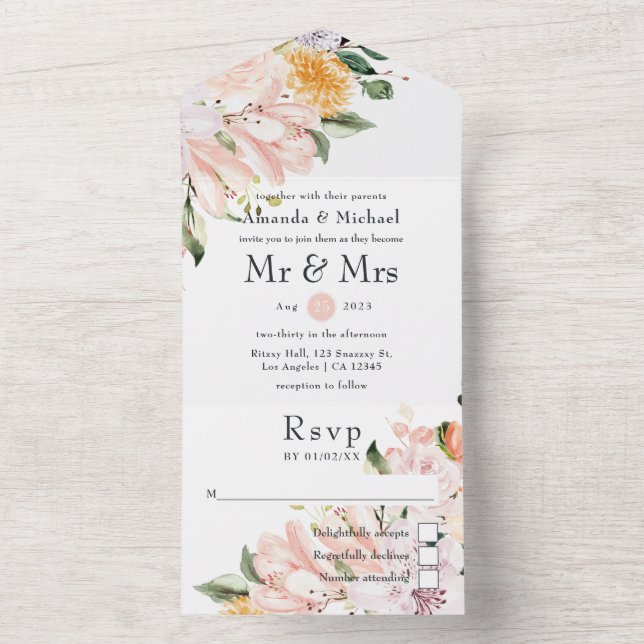Invitation Tout En Un Mariage Floral Pastel (À l'intérieur)