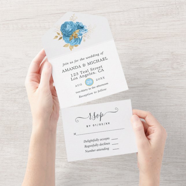 Invitation Tout En Un Mariage floral Pastel Bleu et Or (Déchirure)