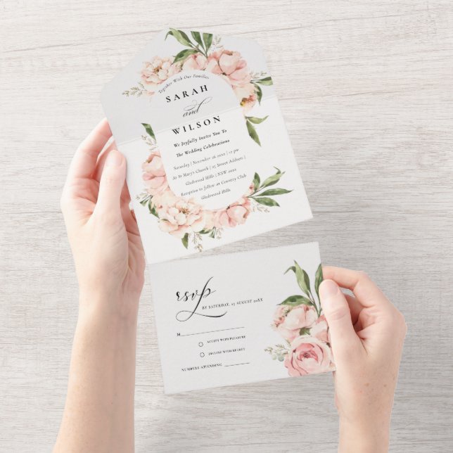 Invitation Tout En Un Mariage floral Pastel Soft Blush Peach Peony (Déchirure)