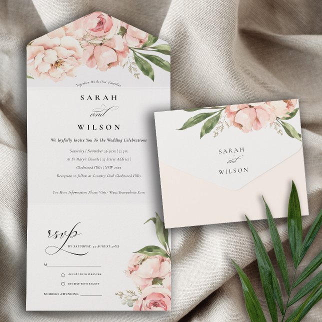 Invitation Tout En Un Mariage floral Pastel Soft Blush Peach Peony (Créateur téléchargé)